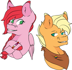 Size: 851x826 | Tagged: safe, artist:matttheenby, imported from derpibooru, oc, oc only, oc:butterscotch shy, oc:daisy macintosh, earth pony, pegasus, pony, brother and sister, bust, female, freckles, handkerchief, male, no pupils, offspring, parent:big macintosh, parent:fluttershy, parents:fluttermac, siblings, simple background, transparent background