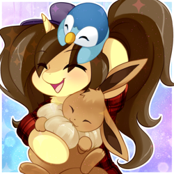 Size: 1000x1000 | Tagged: safe, artist:loyaldis, imported from derpibooru, oc, oc:astral flare, eevee, piplup, pony, unicorn, best friends, best partners, blushing, cute, daaaaaaaaaaaw, eyes closed, flannel, happy, hug, pokémon, pokémon trainer, ponytail, smiling