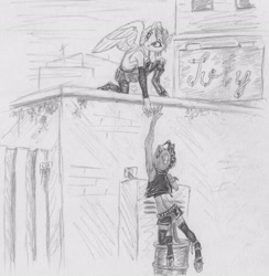 Size: 2389x2447 | Tagged: safe, artist:joestick, imported from derpibooru, oc, oc only, anthro, earth pony, pegasus, unguligrade anthro, barrel, building, city, earth pony oc, fence, monochrome, pegasus oc, traditional art, urban, wings