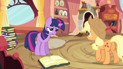 Size: 1280x720 | Tagged: safe, imported from derpibooru, screencap, applejack, twilight sparkle, earth pony, pony, unicorn, spike at your service, book, butt, female, golden oaks library, mare, plot, unicorn twilight