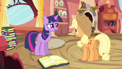 Size: 1280x720 | Tagged: safe, imported from derpibooru, screencap, applejack, twilight sparkle, earth pony, pony, unicorn, spike at your service, book, butt, female, golden oaks library, mare, plot, unicorn twilight