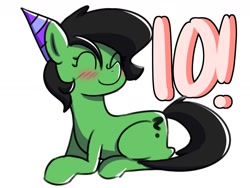 Size: 1600x1200 | Tagged: artist needed, safe, artist:plaguemare, imported from derpibooru, oc, oc:filly anon, female, filly, happy birthday mlp:fim, hat, mlp fim's tenth anniversary, party hat, simple background, white background