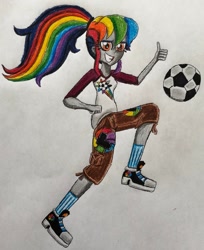 Size: 1024x1254 | Tagged: safe, artist:bozzerkazooers, imported from derpibooru, rainbow dash, oc, oc:color kick, oc:color kicker, human, equestria girls, converse, football, ponytail, shoes, soccer ball (object), sports, traditional art