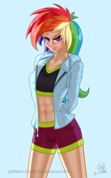 Size: 1200x1920 | Tagged: safe, artist:cherrymocaccino, artist:zuko42, imported from derpibooru, rainbow dash, human, art pack:music album 'e.g.8 themes', equestria girls, arm behind back, belly button, blue background, clothes, confident, denim shorts, female, hood, looking at you, midriff, multicolored hair, pink eyes, rainbow hair, raised eyebrow, shiny skin, shorts, simple background, smiling, smiling at you, solo, sports bra, sports shorts, tomboy, watermark