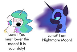 Size: 2189x1478 | Tagged: safe, artist:moonatik, imported from derpibooru, nightmare moon, princess celestia, alicorn, pony, princess twilight sparkle (episode), season 4, chad, dialogue, duo, ethereal mane, eyeshadow, female, helmet, makeup, mare, meme, missing accessory, nordic gamer, parody, peytral, ponified meme, scene interpretation, scene parody, soyjak, text, wojak