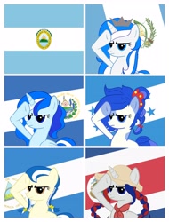 Size: 3106x4096 | Tagged: safe, artist:archooves, edit, imported from derpibooru, oc, oc:anagua, oc:honduras, oc:panchita, oc:princess el salv, oc:princess guatemala, alicorn, earth pony, pony, unicorn, central america, costa rica, el salvador, flag, guatemala, honduras, nation ponies, nicaragua, pointy ponies, ponified, rainbow dash salutes