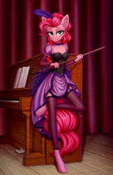 Size: 1502x2313 | Tagged: safe, artist:setharu, imported from derpibooru, pinkie pie, anthro, earth pony, unguligrade anthro, adorasexy, alternate hairstyle, beautiful, blue eyes, blushing, breasts, busty pinkie pie, choker, cleavage, clothes, collar, curtains, cute, diapinkes, dress, feather, female, fishnets, legs, looking at you, mare, musical instrument, piano, pink hair, saloon dress, saloon pinkie, sexy, skirt, smiling, socks, solo, stupid sexy pinkie, thigh highs