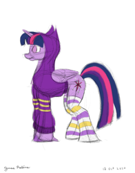 Size: 1100x1400 | Tagged: safe, artist:rockhoppr3, imported from derpibooru, twilight sparkle, alicorn, pony, barbara gordon, clothes, crossover, dc superhero girls, hoodie, socks, solo, tara strong, thigh highs, twilight sparkle (alicorn), unshorn fetlocks, voice actor joke