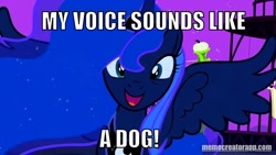 Size: 1080x608 | Tagged: safe, edit, edited screencap, imported from derpibooru, screencap, princess luna, alicorn, pony, luna eclipsed, season 2, caption, female, image macro, mare, martha speaks, meme, memecreatorapp.com, solo, spread wings, tabitha st. germain, text, voice actor joke, wings