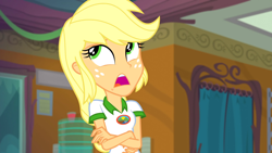 Size: 1920x1080 | Tagged: safe, imported from derpibooru, screencap, applejack, equestria girls, legend of everfree, legend of everfree - bloopers, crossed arms, solo