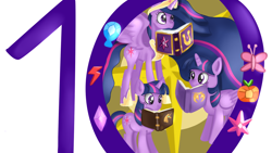 Size: 1280x720 | Tagged: safe, artist:jbond, imported from derpibooru, twilight sparkle, alicorn, pony, unicorn, journal of the two sisters, the last problem, book, crown, element of generosity, element of honesty, element of kindness, element of laughter, element of loyalty, element of magic, elements of harmony, female, happy birthday mlp:fim, hoof shoes, jewelry, mare, mlp fim's tenth anniversary, peytral, princess twilight 2.0, reading, regalia, solo, tiara, trio, twilight sparkle (alicorn), unicorn twilight