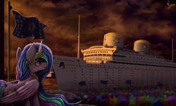 Size: 3669x2200 | Tagged: safe, artist:ryanmandraws, artist:ryanmangaming, imported from derpibooru, princess celestia, alicorn, pony, equestria at war mod, 1930s, 30s, atmospheric, cheering, cloud, cloudy, crane, crowd, digital painting, flag, flag pole, harbor, harbour, high res, looking at something, ocean, ocean liner, painting, realistic, scenery, scenery porn, ship, smiling, solo focus, sunset, wallpaper