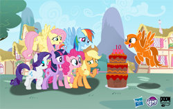 Size: 7375x4623 | Tagged: safe, artist:isaac_pony, imported from derpibooru, applejack, fluttershy, pinkie pie, rainbow dash, rarity, twilight sparkle, oc, oc:not texture, alicorn, earth pony, pegasus, pony, unicorn, cake, doom, doom equestria, female, food, friendship, group, happy, happy birthday mlp:fim, hasbro logo, logo, mane six, mlp fim's tenth anniversary, show accurate, shy, smiley face, smiling, unicorn twilight, vector