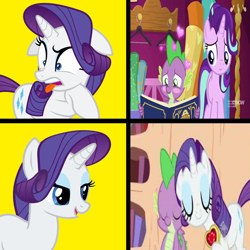 Size: 1300x1300 | Tagged: safe, imported from derpibooru, rarity, spike, starlight glimmer, dragon, book, female, fire ruby, gem, golden oaks library, heart, hotline bling, male, meme, op is a duck, op is trying to start shit, out of context, ruby, shipping, sparity, sparlight, straight, winged spike, wings