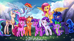 Size: 2560x1440 | Tagged: safe, artist:the-barinade, imported from derpibooru, applejack, fluttershy, pinkie pie, princess celestia, princess luna, rainbow dash, rarity, spike, twilight sparkle, alicorn, earth pony, pegasus, pony, unicorn, cloud, cloudy, cute, flower, flying, foliage, grass, grass field, group, group photo, group shot, happy, happy birthday mlp:fim, looking at you, mane seven, mane six, mlp fim's tenth anniversary, mountain, mountain range, pose, scenery, smiling, smirk, twilight sparkle (alicorn)