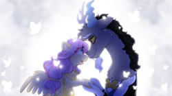 Size: 1200x674 | Tagged: safe, artist:fluttershyfilly-yay, imported from derpibooru, discord, fluttershy, draconequus, pegasus, pony, fanfic:bride of discord, abstract background, alternate hairstyle, backlighting, blushing, bowtie, clothes, discoshy, dress, eye contact, female, floppy ears, holding hooves, looking at each other, male, mare, open mouth, profile, shipping, smiling, spread wings, straight, suit, thick eyebrows, tuxedo, wings