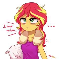 Size: 2500x2417 | Tagged: safe, artist:maren, imported from derpibooru, sunset shimmer, equestria girls, ..., bags under eyes, clothes, dialogue, female, high res, messy hair, neck pillow, pillow, signature, simple background, solo, tired, white background