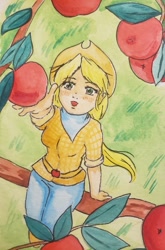 Size: 665x1008 | Tagged: safe, artist:officiallemonpi, imported from derpibooru, applejack, human, apple, apple tree, clothes, female, food, hat, humanized, looking up, open mouth, outdoors, reaching, reaching up, rolled up sleeves, shirt, sitting, solo, traditional art, tree, tree branch