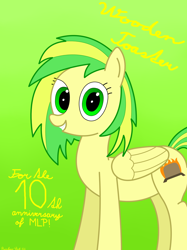 Size: 3016x4032 | Tagged: safe, artist:rainbowšpekgs, imported from derpibooru, oc, oc only, oc:wooden toaster, pegasus, pony, cursive writing, happy birthday mlp:fim, mlp fim's tenth anniversary, poster, simple background, smiling, solo, standing, text, wings, writing