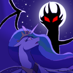 Size: 1890x1890 | Tagged: safe, artist:stargazerseven, imported from derpibooru, princess celestia, alicorn, dragon, pony, duo, female, full moon, looking back, mare, moon, night, open mouth, peytral, scared, stars