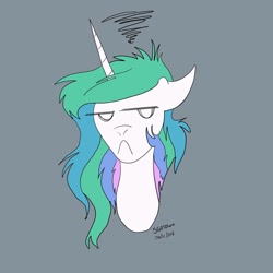 Size: 1080x1080 | Tagged: safe, artist:stargazerseven, imported from derpibooru, princess celestia, alicorn, pony, bust, celestia is not amused, female, frown, gray background, grumpy, mare, messy mane, missing accessory, signature, simple background, solo, unamused