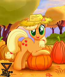 Size: 3000x3562 | Tagged: safe, artist:theretroart88, imported from derpibooru, applejack, earth pony, pony, autumn, cute, cutie mark, female, halloween, high res, holiday, jackabetes, looking at you, mare, open mouth, pumpkin, solo, tree