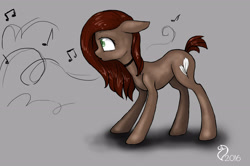 Size: 3190x2114 | Tagged: safe, artist:cvanilda, imported from derpibooru, oc, oc only, earth pony, pony, choker, earth pony oc, gray background, music notes, signature, simple background, solo