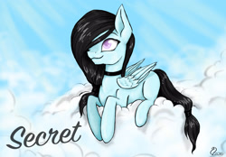 Size: 3271x2282 | Tagged: safe, artist:cvanilda, imported from derpibooru, oc, oc only, oc:sky secret, pegasus, pony, choker, cloud, female, lying down, mare, on a cloud, pegasus oc, prone, signature, smiling, solo, wings