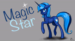 Size: 4458x2480 | Tagged: safe, artist:cvanilda, imported from derpibooru, oc, oc only, oc:magic star, pony, unicorn, gray background, horn, raised hoof, signature, simple background, smiling, solo, unicorn oc