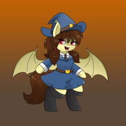 Size: 2048x2045 | Tagged: safe, artist:pencil bolt, imported from derpibooru, oc, oc only, oc:noctalia, bat pony, pony, bat pony oc, bat wings, clothes, costume, fangs, hat, looking at you, nightmare night, nightmare night costume, simple background, socks, solo, wings, witch costume, witch hat