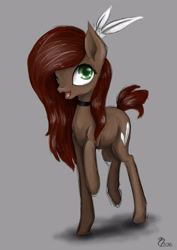 Size: 2480x3508 | Tagged: safe, artist:cvanilda, imported from derpibooru, oc, oc only, earth pony, pony, choker, earth pony oc, gray background, open mouth, raised hoof, signature, simple background, smiling, solo