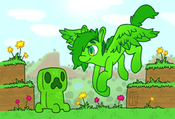 Size: 1068x726 | Tagged: safe, artist:ferwildir, imported from derpibooru, pegasus, pony, creeper, duo, flying, minecraft, ponified, smiling