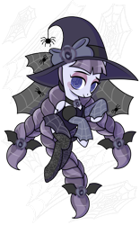 Size: 1024x1645 | Tagged: safe, artist:kb-gamerartist, artist:parclytaxel, imported from derpibooru, inky rose, pegasus, pony, spider, alternate hairstyle, blushing, bow, clothes, costume, eyeshadow, female, hair bow, halloween, halloween costume, hat, holiday, makeup, mare, nightmare night, nightmare night costume, shirt, simple background, socks, solo, spider web, stockings, thigh highs, transparent background, wingding eyes, witch, witch costume, witch hat