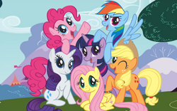 Size: 7238x4524 | Tagged: artist needed, source needed, useless source url, safe, imported from derpibooru, applejack, fluttershy, pinkie pie, rainbow dash, rarity, twilight sparkle, earth pony, pegasus, pony, unicorn, season 1, absurd resolution, applejack's hat, cowboy hat, cutie mark, female, group photo, group shot, hat, looking at you, lying down, mane six, mane six opening poses, mare, official, official art, one eye closed, open mouth, palindrome get, prone, raised hoof, spread wings, stetson, tree, unicorn twilight, wallpaper, wings, wink