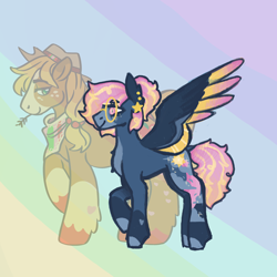 Size: 2000x2000 | Tagged: safe, artist:haru.why, imported from derpibooru, applejack, oc, oc:morning star, earth pony, pegasus, pony, abstract background, duo, glasses, hat, pegasus oc, straw in mouth, wings