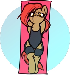 Size: 1442x1537 | Tagged: safe, artist:jetwave, imported from derpibooru, oc, oc only, oc:dala vault, earth pony, pony, belly button, clothes, earth pony oc, female, frown, leotard, lying down, mare, on back, simple background, solo, thigh bands, thigh gap, transparent background, yoga mat