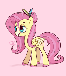 Size: 2000x2300 | Tagged: safe, artist:lilpinkghost, imported from derpibooru, fluttershy, pegasus, pony, alternate hairstyle, cloven hooves, coat markings, colored hooves, cute, design, facial markings, female, flower, flower in hair, fluffy, folded wings, hair accessory, hair bun, lidded eyes, mare, open mouth, pink background, pink hair, shyabetes, simple background, smiling, snip (coat marking), solo, standing, stray strand, three quarter view, two toned wings, unshorn fetlocks, wings