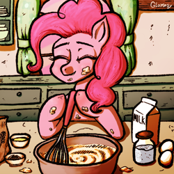 Size: 2240x2240 | Tagged: safe, artist:glomasy, imported from derpibooru, pinkie pie, earth pony, pony, baking, cream, dough, egg, egg beater, eyes closed, female, mare, milk, smiling, whisk