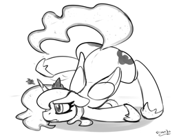 Size: 1500x1200 | Tagged: safe, artist:skoon, imported from derpibooru, princess luna, alicorn, pony, bored, face down ass up, female, grumpy, monochrome, sketch, solo