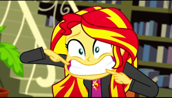 Size: 600x342 | Tagged: safe, imported from derpibooru, screencap, sunset shimmer, epic fails (equestria girls), eqg summertime shorts, equestria girls, equestria girls series, awkward smile, cropped, female, grin, library, smiling, sunset shimmer is best facemaker