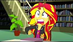 Size: 600x342 | Tagged: safe, imported from derpibooru, screencap, sunset shimmer, epic fails (equestria girls), eqg summertime shorts, equestria girls, equestria girls series, cropped, open mouth, shocked, shocked expression