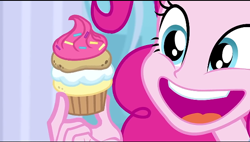 Size: 600x340 | Tagged: safe, imported from derpibooru, screencap, pinkie pie, equestria girls, equestria girls series, super squad goals, close-up, cropped, cupcake, food, open mouth, puffcake