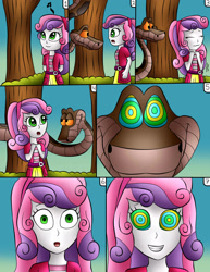 Size: 1721x2232 | Tagged: safe, artist:jerrydestrtoyer, imported from derpibooru, sweetie belle, snake, equestria girls, clothes, comic, crossover, eyes closed, female, grin, hypnosis, hypnotized, kaa, kaa eyes, mind control, open mouth, outdoors, smiling, the jungle book, tree