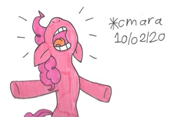 Size: 981x667 | Tagged: safe, artist:cmara, imported from derpibooru, pinkie pie, earth pony, pony, angry, bipedal, female, mare, open mouth, raised hoof, simple background, solo, traditional art, white background, yelling