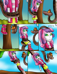 Size: 1677x2169 | Tagged: safe, artist:jerrydestrtoyer, imported from derpibooru, sweetie belle, snake, equestria girls, boots, clothes, coils, comic, crossover, female, hypnosis, hypnotized, kaa, kaa eyes, mind control, open mouth, outdoors, shoes, suspended, the jungle book, tree, wrapped up