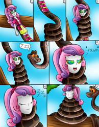 Size: 1729x2232 | Tagged: safe, artist:jerrydestrtoyer, imported from derpibooru, sweetie belle, snake, equestria girls, clothes, coils, comic, crossover, female, hypnosis, hypnotized, kaa, kaa eyes, mind control, onomatopoeia, open mouth, outdoors, sleeping, sound effects, the jungle book, tree, wrapped up, zzz