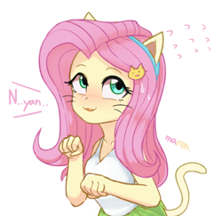 Size: 2600x2531 | Tagged: safe, artist:maren, imported from derpibooru, fluttershy, cat, equestria girls, behaving like a cat, blushing, cat ears, cat tail, catgirl, clothes, cute, embarrassed, female, fluttercat, hairclip, hairpin, headband, high res, nervous, nya, shyabetes, simple background, solo, sweat, sweatdrops, tail, white background