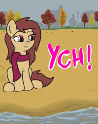 Size: 1536x1928 | Tagged: safe, artist:lannielona, imported from derpibooru, pony, advertisement, autumn, beach, clothes, commission, female, house, lamppost, leaf, mare, ocean, sand, scarf, sitting, solo, tree, your character here