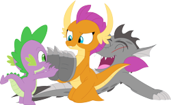 Size: 3546x2180 | Tagged: safe, artist:porygon2z, imported from derpibooru, smolder, spike, oc, oc:draco axel, dragon, dragoness, duo, duo male, eyes closed, female, laughing, male, open mouth, simple background, tickling, transparent background, trio, vector, wingless