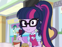 Size: 1408x1072 | Tagged: safe, edit, edited screencap, editor:mycarhasamoustache, imported from derpibooru, screencap, sci-twi, twilight sparkle, equestria girls, mirror magic, spoiler:eqg specials, burger, cropped, cute, food, hamburger, looking at you, smile edit, solo, twiabetes